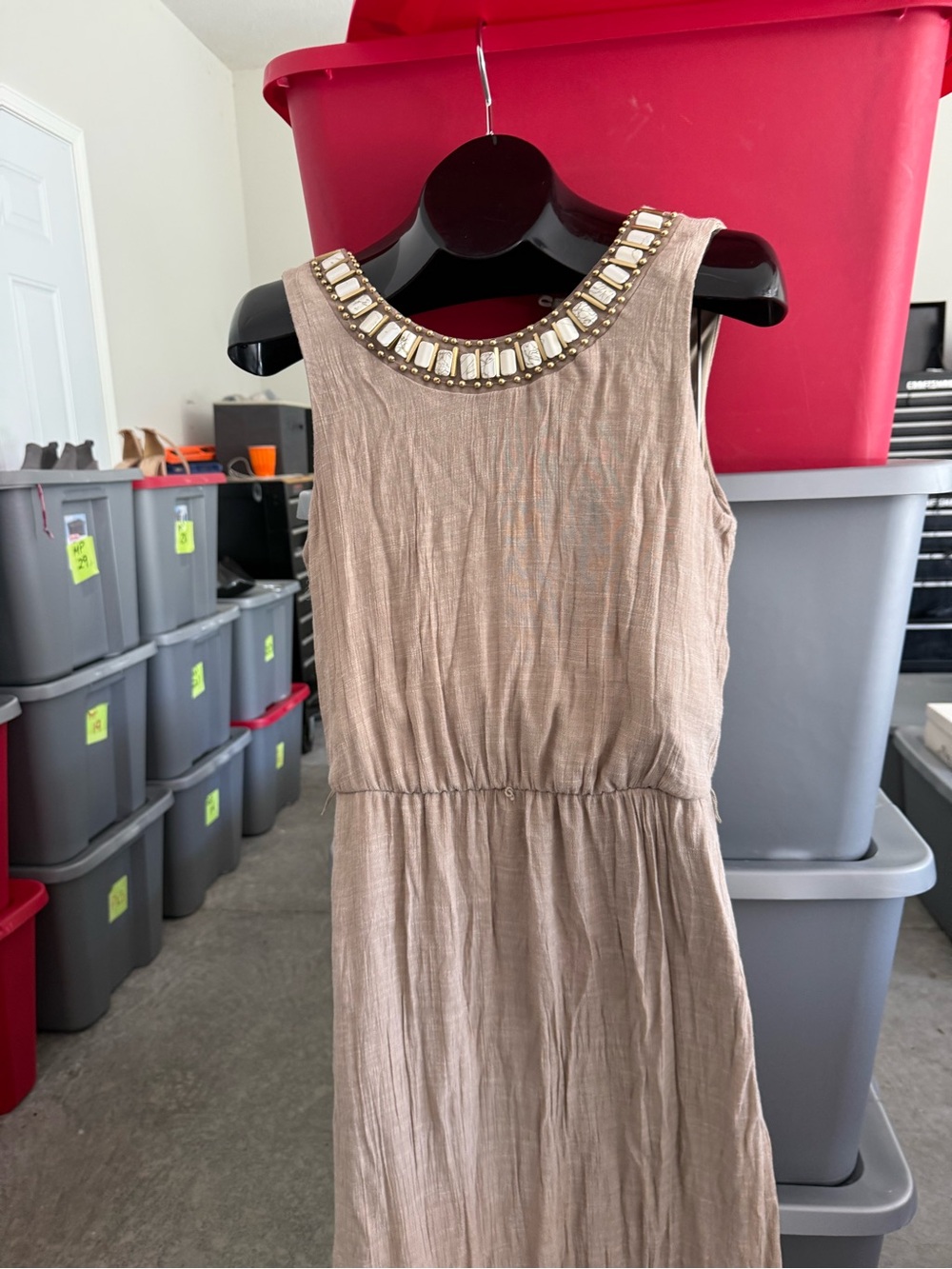Embellished Neck Sleeveless Taupe Dress p77